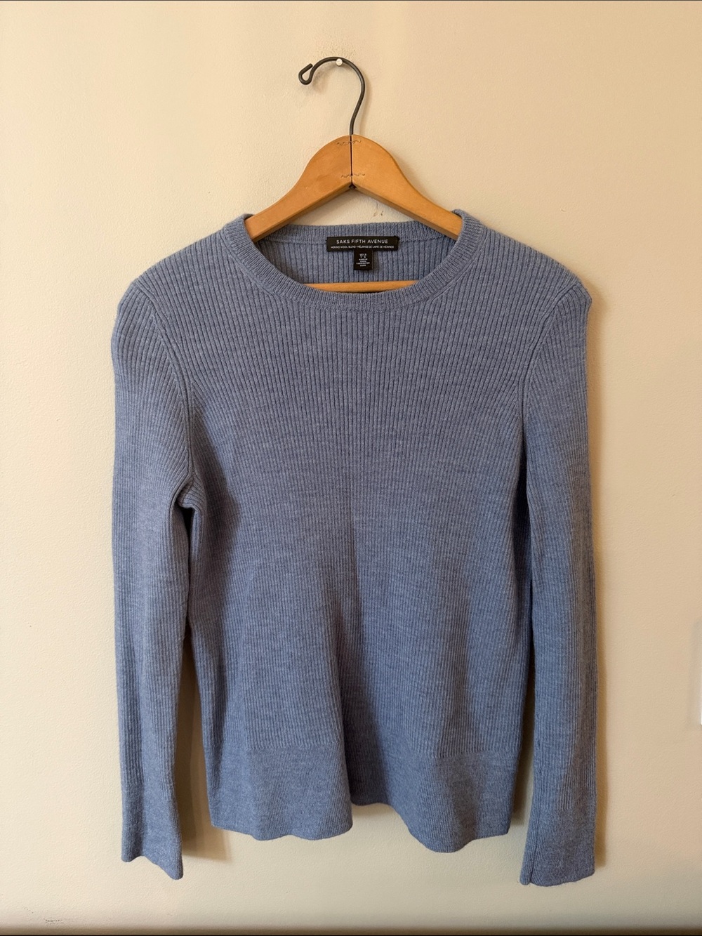 SAKS FIFTH AVE Merino Wool Blend Light Blue Ribbed Crewneck Sweater Size L